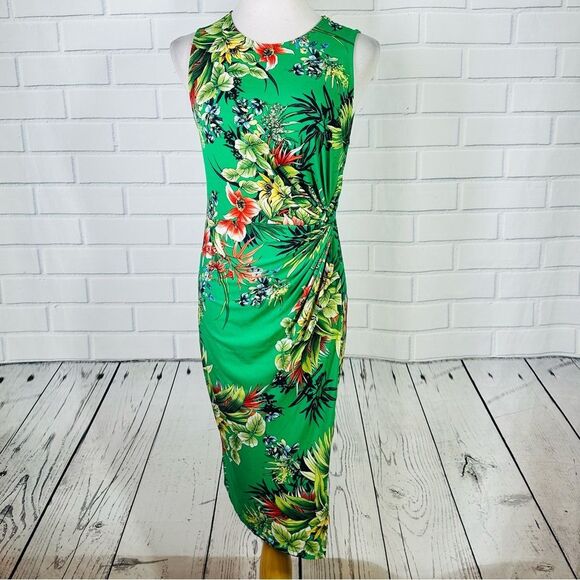 Forever 21 Green Tropical Floral Print Mock Wrap Dress - Size XL - Picture 3 of 16